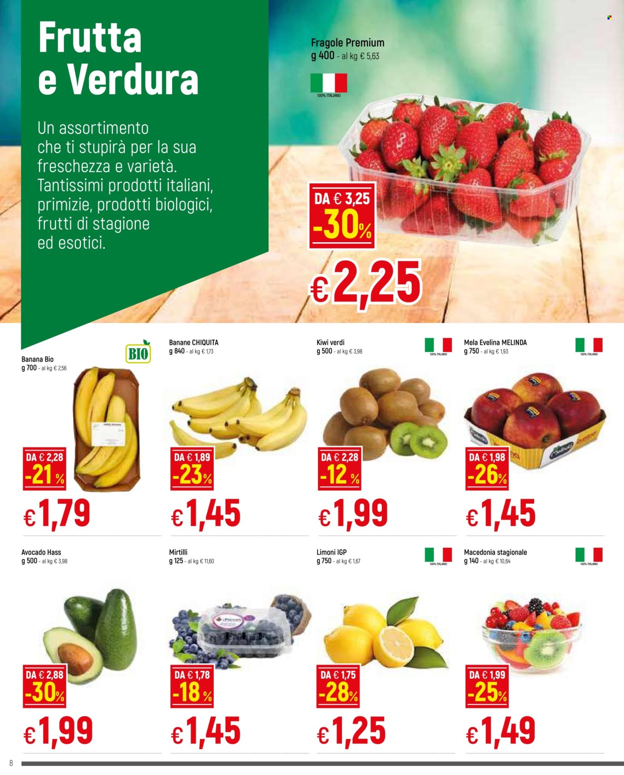 thumbnail - Volantino Famila - 22/4/2024 - 8/5/2024 - Prodotti in offerta - banane, limoni, fragole, mirtilli, kiwi, avocado, Chiquita. Pagina 8.