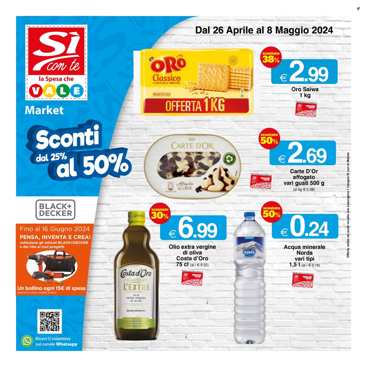 thumbnail - Volantino Si con te Market - 26/4/2024 - 8/5/2024 - Prodotti in offerta - Carte d'Or, Oro Saiwa, olio, olio extra vergine di oliva, acqua minerale, Norda. Pagina 1.