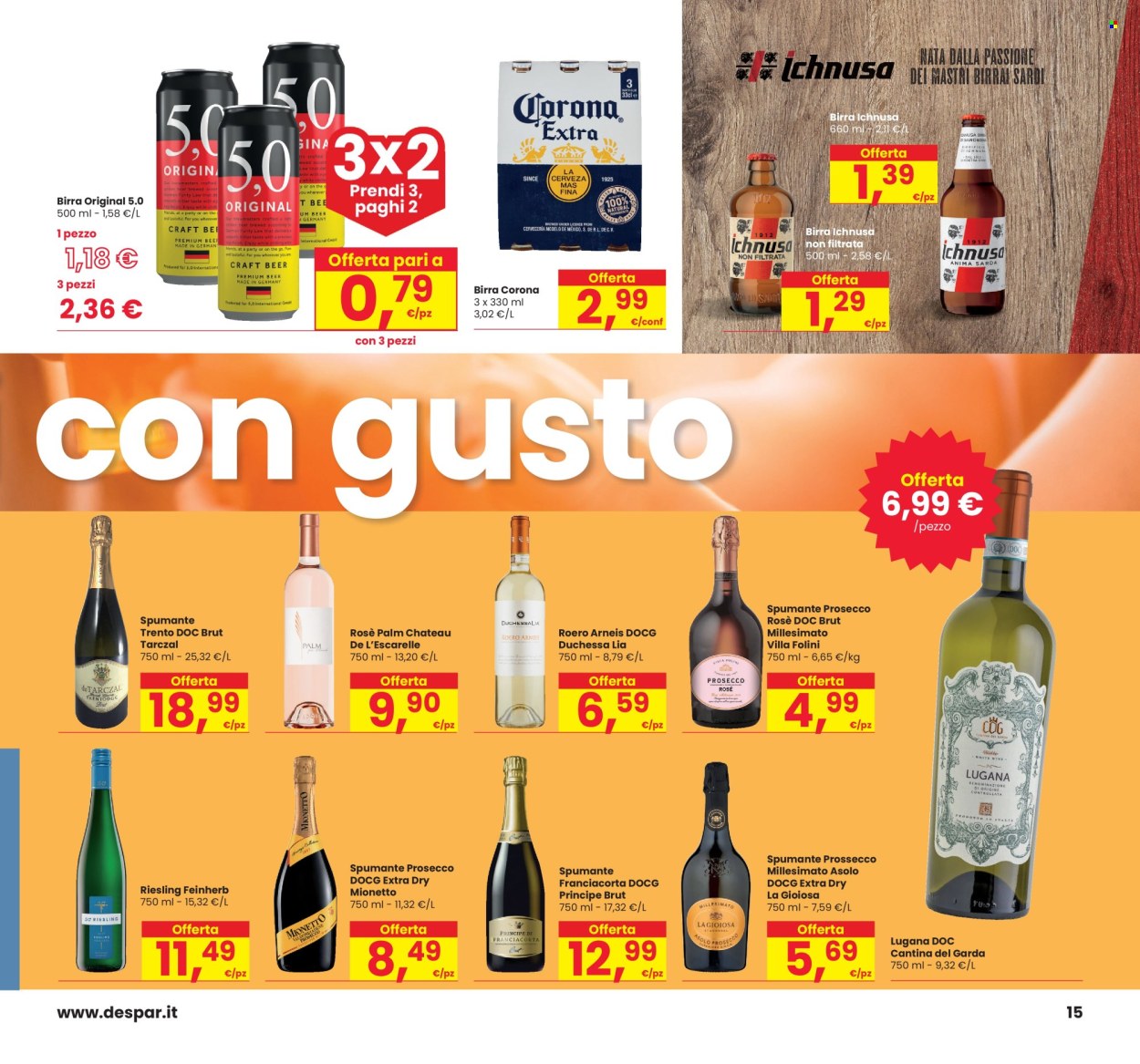 thumbnail - Volantino Interspar - 24/4/2024 - 8/5/2024 - Prodotti in offerta - birra, Ichnusa, bevanda alcolica, Riesling, vino bianco, Spumante, Prosecco, Lugana. Pagina 15.