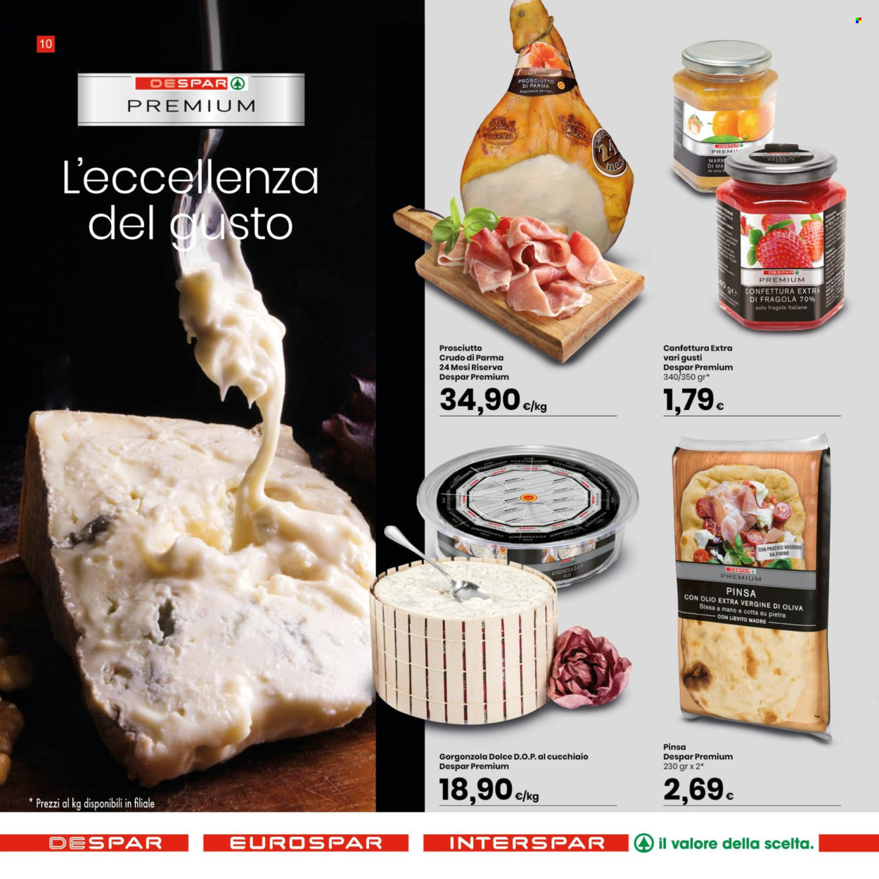 thumbnail - Volantino Eurospar - 24/4/2024 - 8/5/2024 - Prodotti in offerta - prosciutto, Prosciutto di Parma, prosciutto crudo, formaggio, gorgonzola, dolce, confettura, vassoio. Pagina 10.