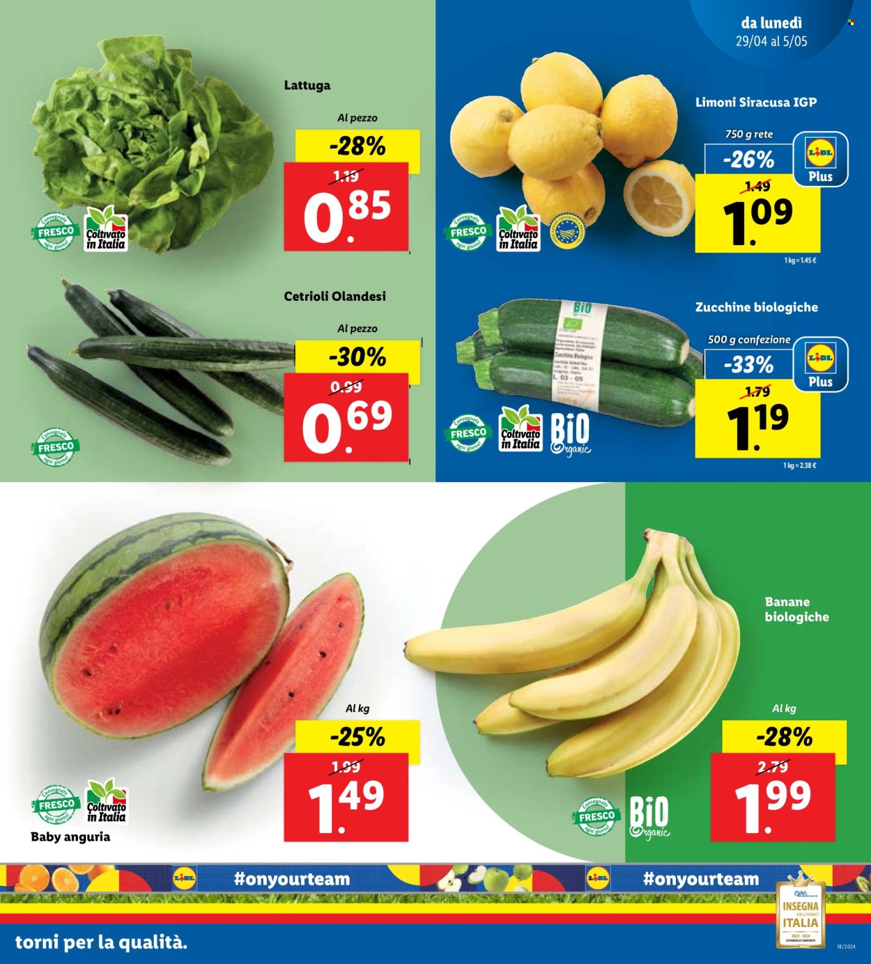 thumbnail - Volantino Lidl - 29/4/2024 - 5/5/2024 - Prodotti in offerta - cetrioli, zucchine, lattuga, banane, limoni, anguria. Pagina 3.