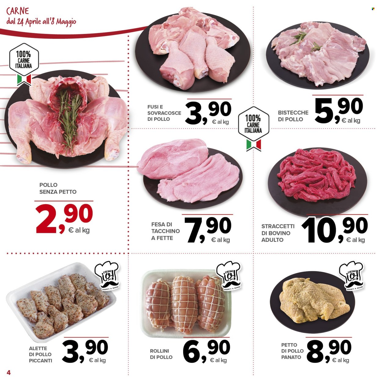 thumbnail - Volantino Todis - 24/4/2024 - 8/5/2024 - Prodotti in offerta - alette di pollo, bistecca, sovracoste di pollo, petto di pollo, petto di tacchino, fusi di pollo, manzo, straccetti di manzo. Pagina 4.