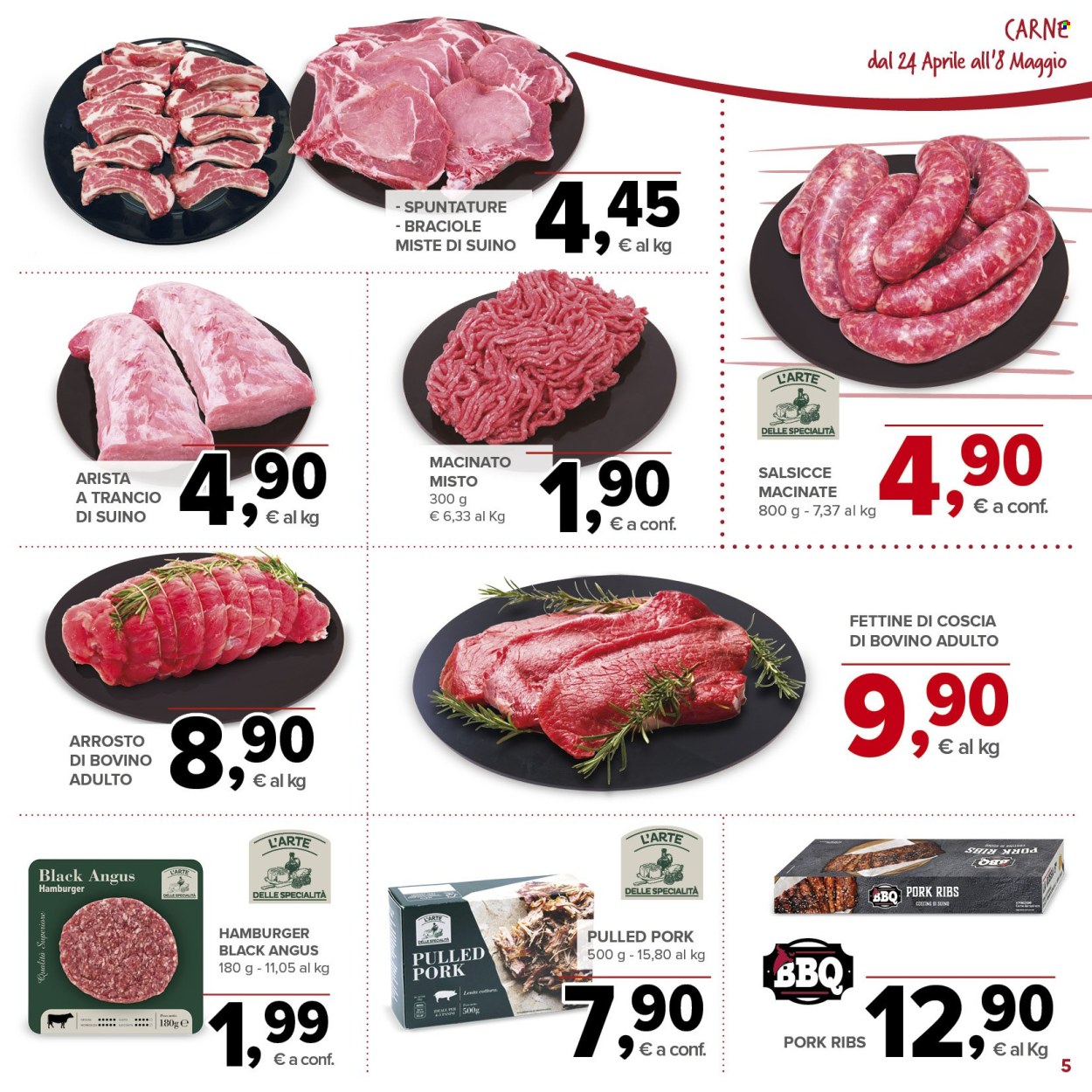 thumbnail - Volantino Todis - 24/4/2024 - 8/5/2024 - Prodotti in offerta - salsiccia, carne macinata, hamburger, arista, pulled pork. Pagina 5.