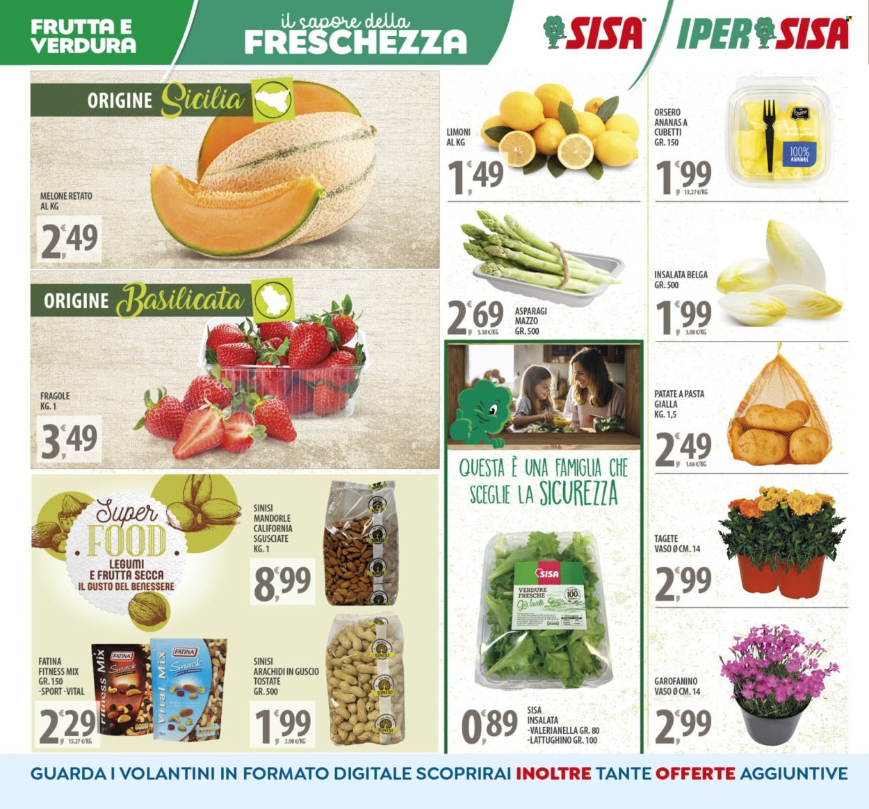 thumbnail - Volantino SISA - 26/4/2024 - 6/5/2024 - Prodotti in offerta - insalata belga, asparagi, limoni, fragole, melone, melone retato, arachidi, Fatina, mandorle. Pagina 4.