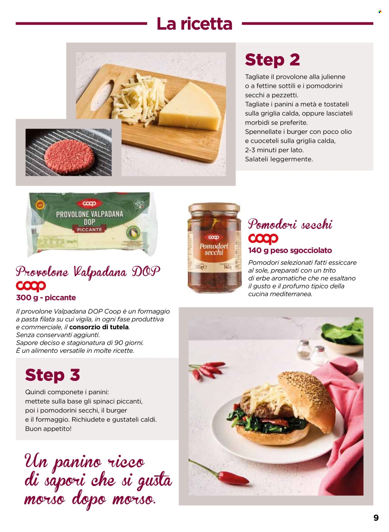 thumbnail - Volantino Coop - 23/4/2024 - 7/5/2024 - Prodotti in offerta - spinaci, hamburger, formaggio, provolone, pomodori secchi, profumo. Pagina 9.