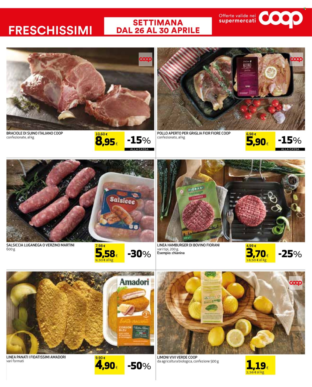 thumbnail - Volantino Coop - 26/4/2024 - 8/5/2024 - Prodotti in offerta - scaffale, limoni, Martini, pollo, Amadori, salsiccia, hamburger, braciole di maiale. Pagina 3.
