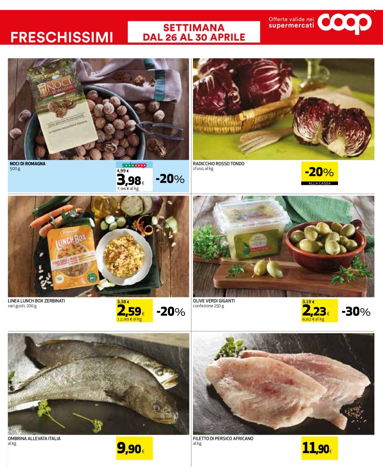 thumbnail - Volantino Coop - 26/4/2024 - 8/5/2024 - Prodotti in offerta - radicchio, pesce persico, ombrina, olive, olive verdi, noci, lunch box. Pagina 4.