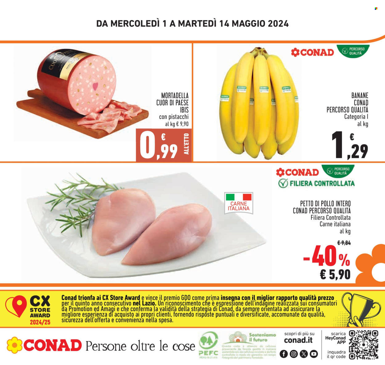 thumbnail - Volantino Conad - 1/5/2024 - 14/5/2024 - Prodotti in offerta - banane, petto di pollo, pollo, mortadella. Pagina 24.