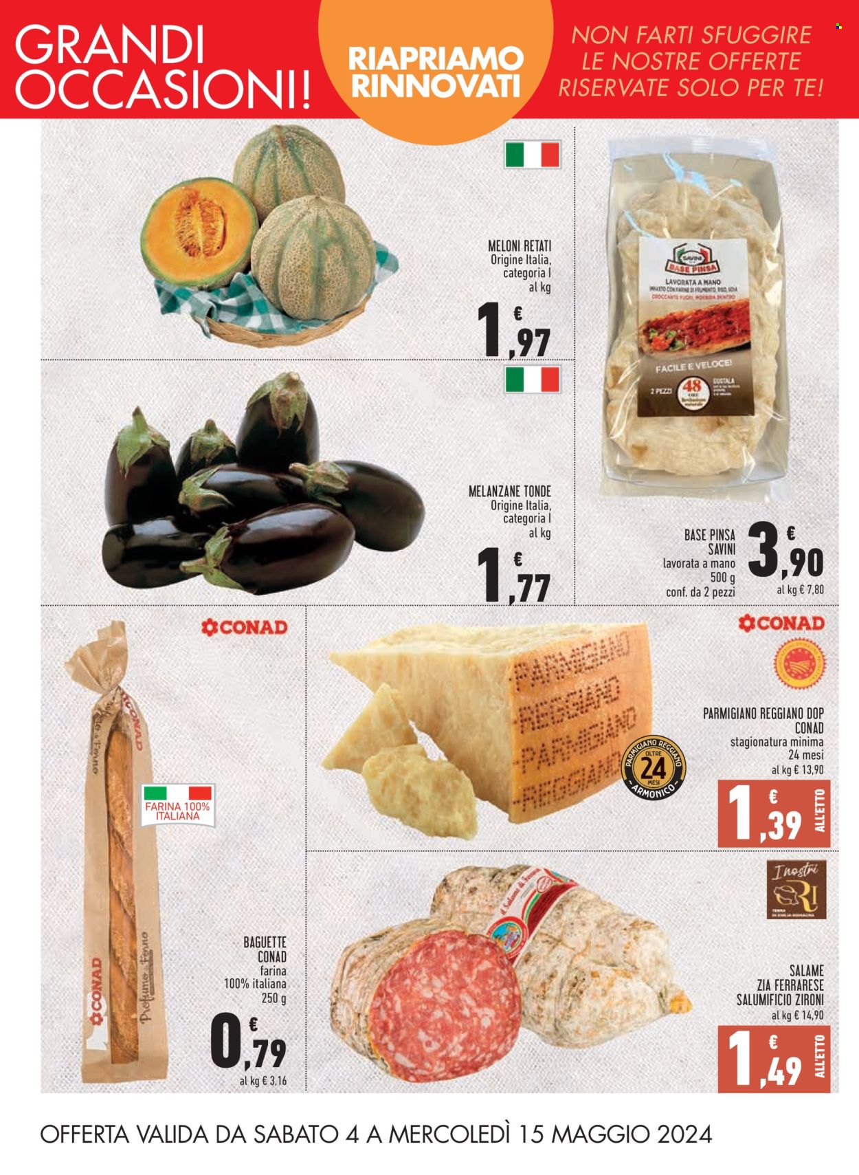 thumbnail - Volantino Conad - 4/5/2024 - 15/5/2024 - Prodotti in offerta - baguette, base pinsa, melanzane, salame, formaggio, parmigiano, forno. Pagina 2.