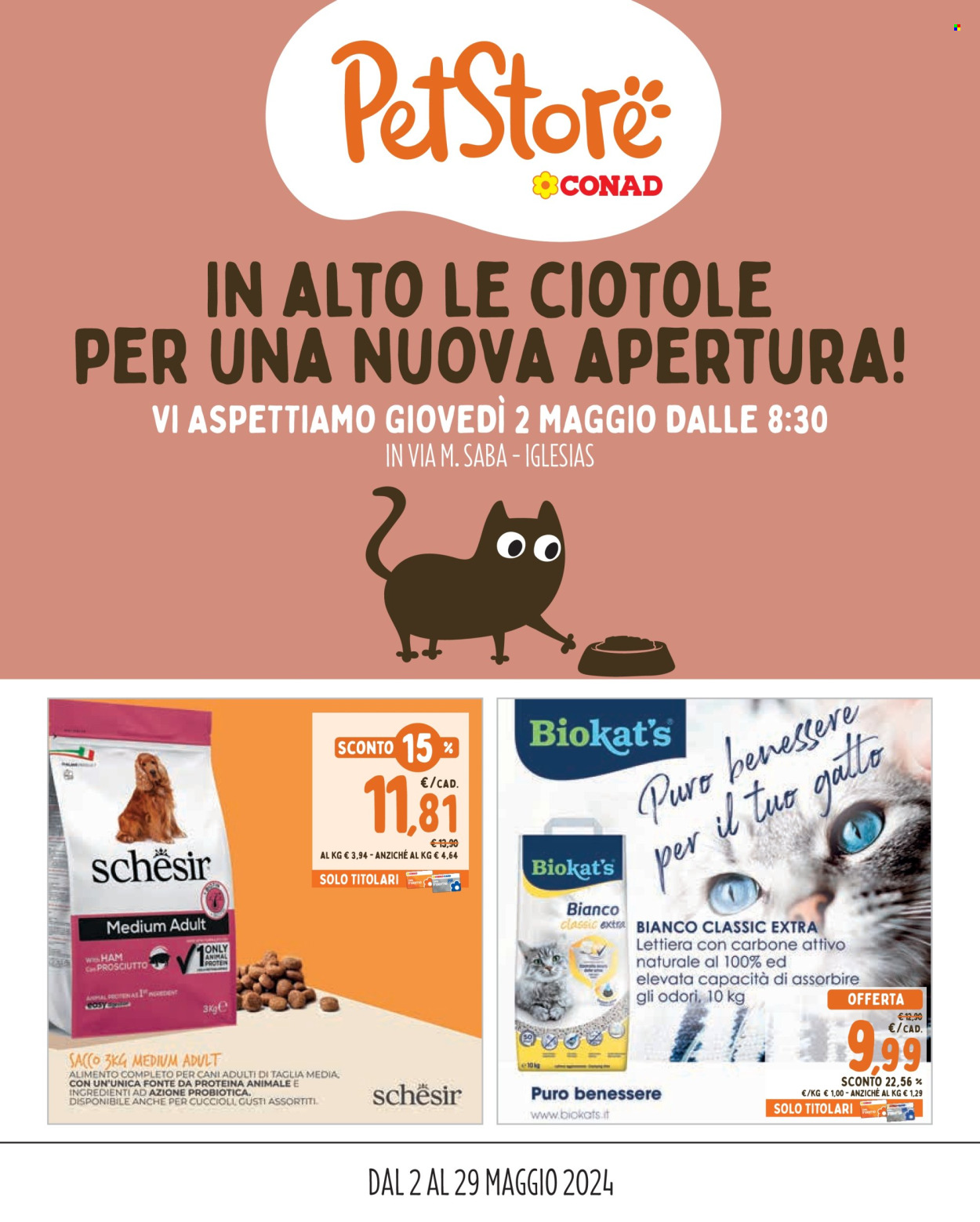 thumbnail - Volantino Pet Store Conad - 2/5/2024 - 29/5/2024 - Prodotti in offerta - gatto, lettiera, ciotola. Pagina 1.