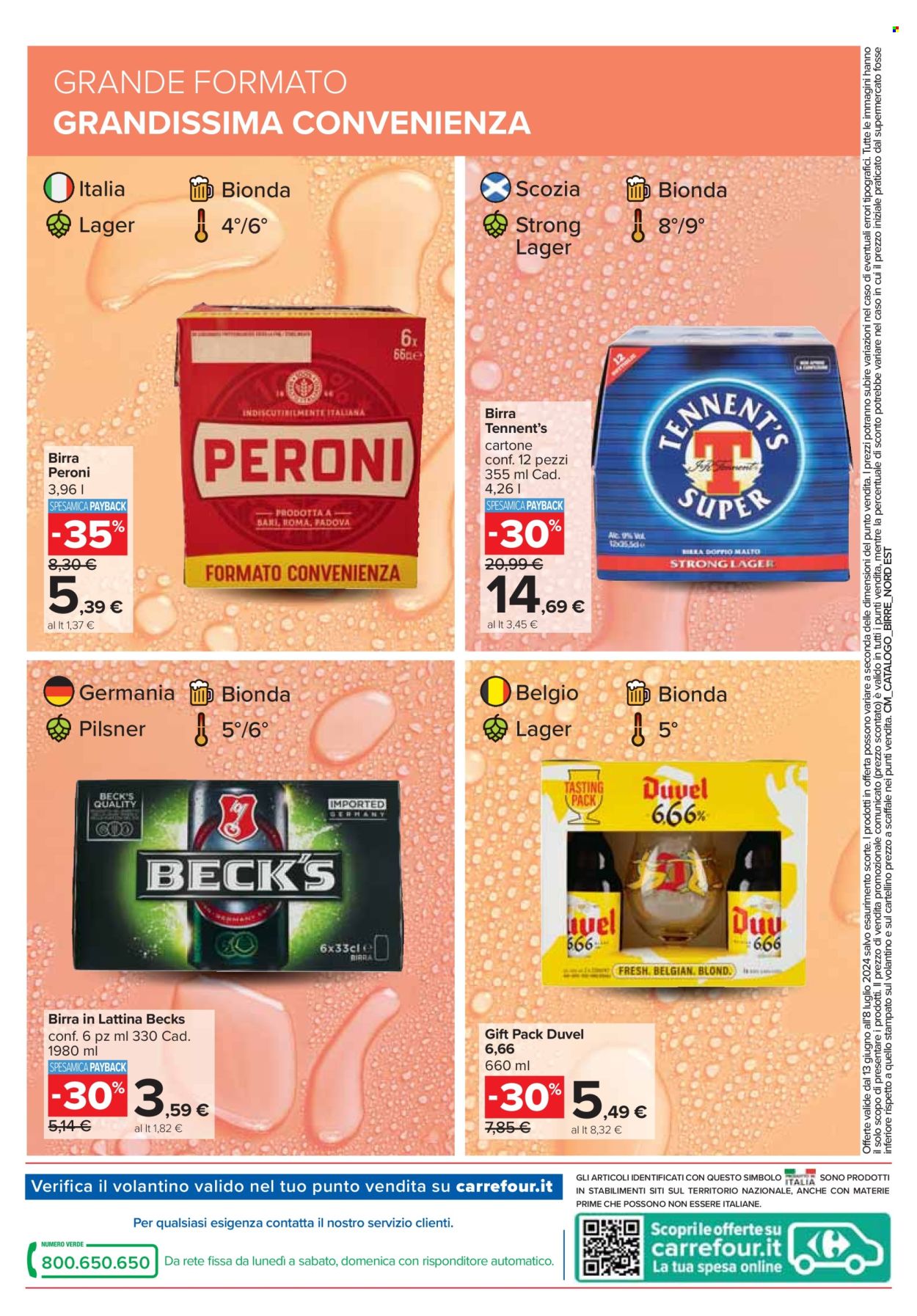 thumbnail - Volantino Carrefour - 13/6/2024 - 8/7/2024 - Prodotti in offerta - Beck‘s, Peroni, birra, birra tipo lager, birra tipo pilsner, Tennent's, bevanda alcolica. Pagina 8.