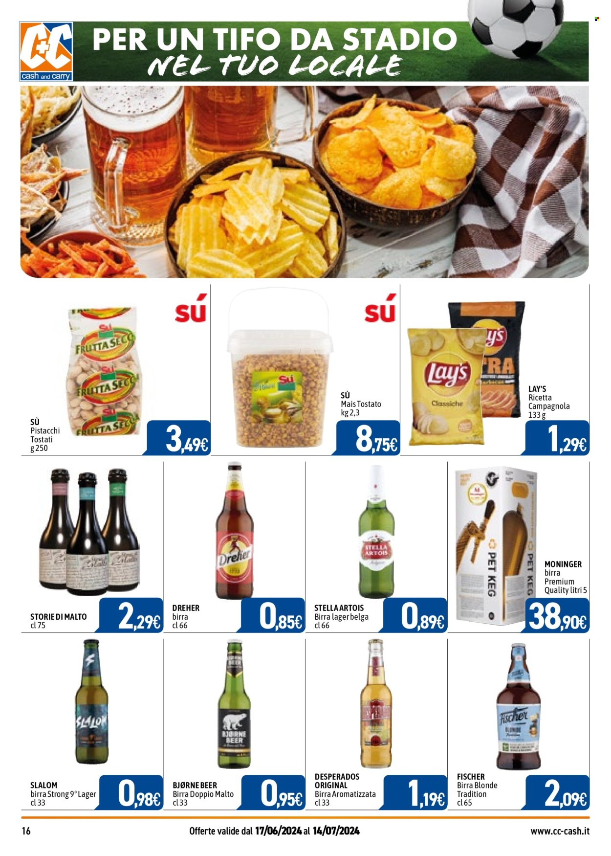 thumbnail - Volantino C+C Cash & Carry - 17/6/2024 - 14/7/2024 - Prodotti in offerta - Stella Artois, birra, Desperados, birra tipo lager, Dreher, bevanda alcolica, mais, pistacchi. Pagina 16.