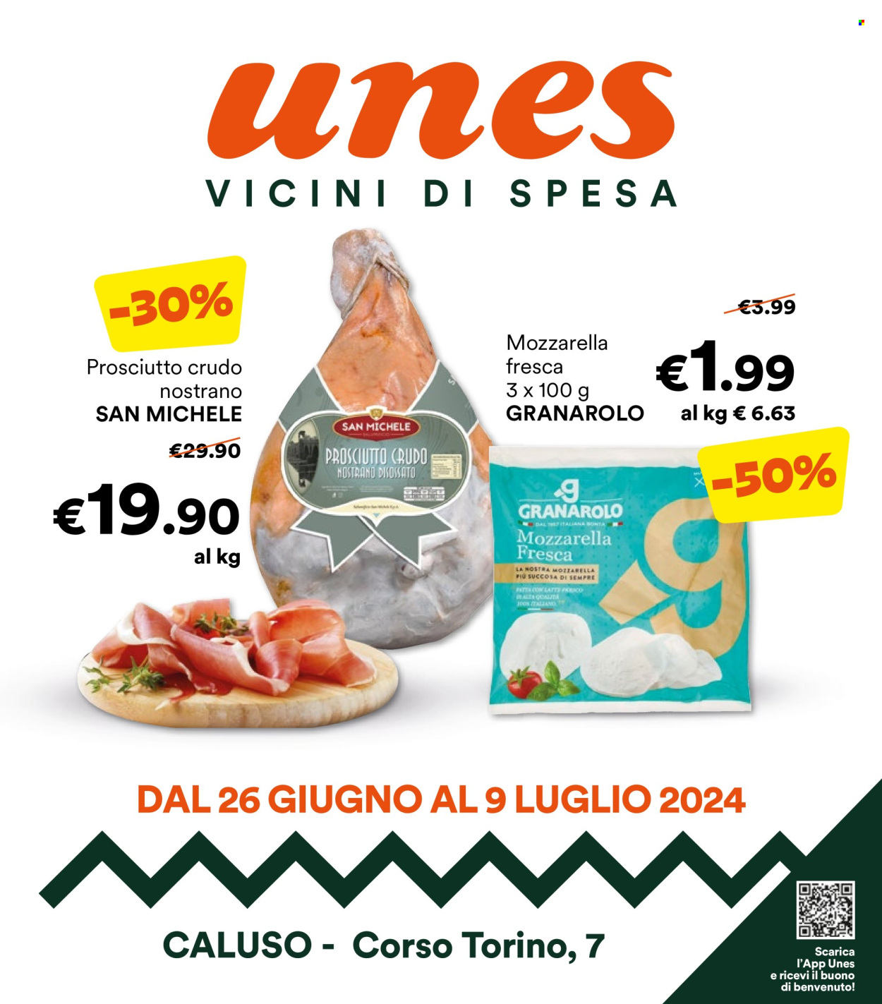 thumbnail - Volantino Unes - 26/6/2024 - 9/7/2024 - Prodotti in offerta - Granarolo, prosciutto, prosciutto crudo, formaggio, mozzarella. Pagina 1.