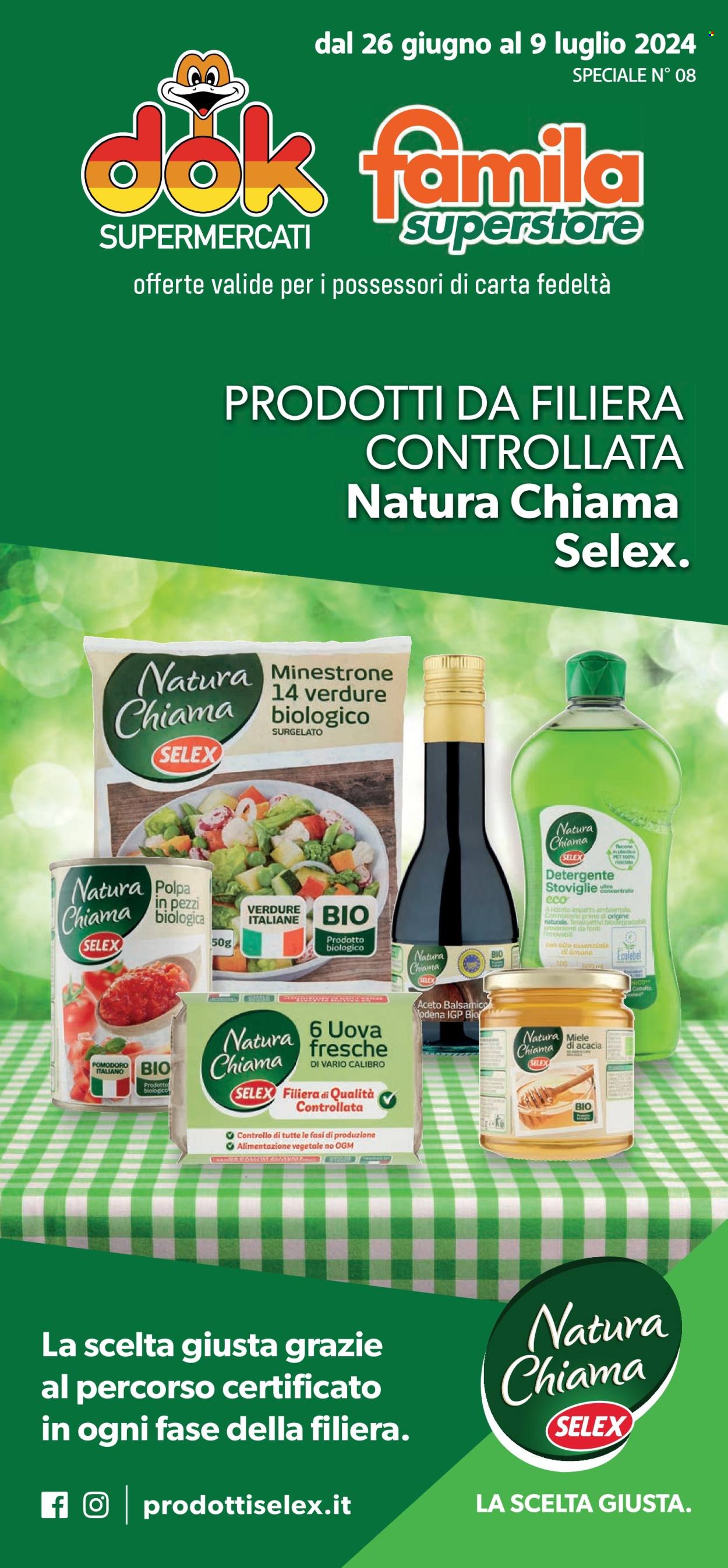 thumbnail - Volantino Supermercati Dok - 26/6/2024 - 9/7/2024 - Prodotti in offerta - pomodori, minestrone, uova, aceto, aceto balsamico, miele, detergente. Pagina 1.