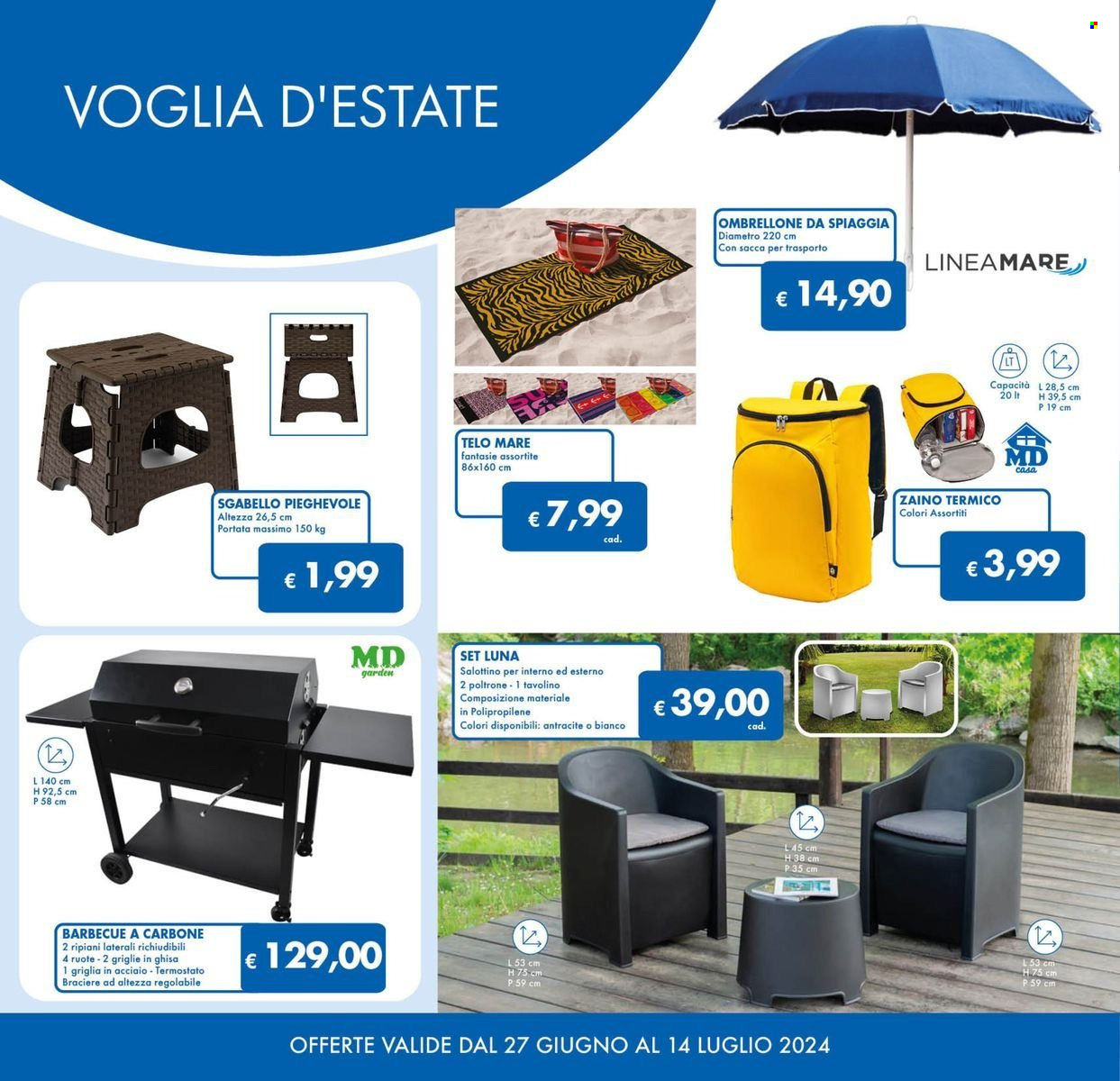 thumbnail - Volantino MD Discount - 27/6/2024 - 14/7/2024 - Prodotti in offerta - sgabello, telo mare, ombrellone, barbecue, zaino. Pagina 26.
