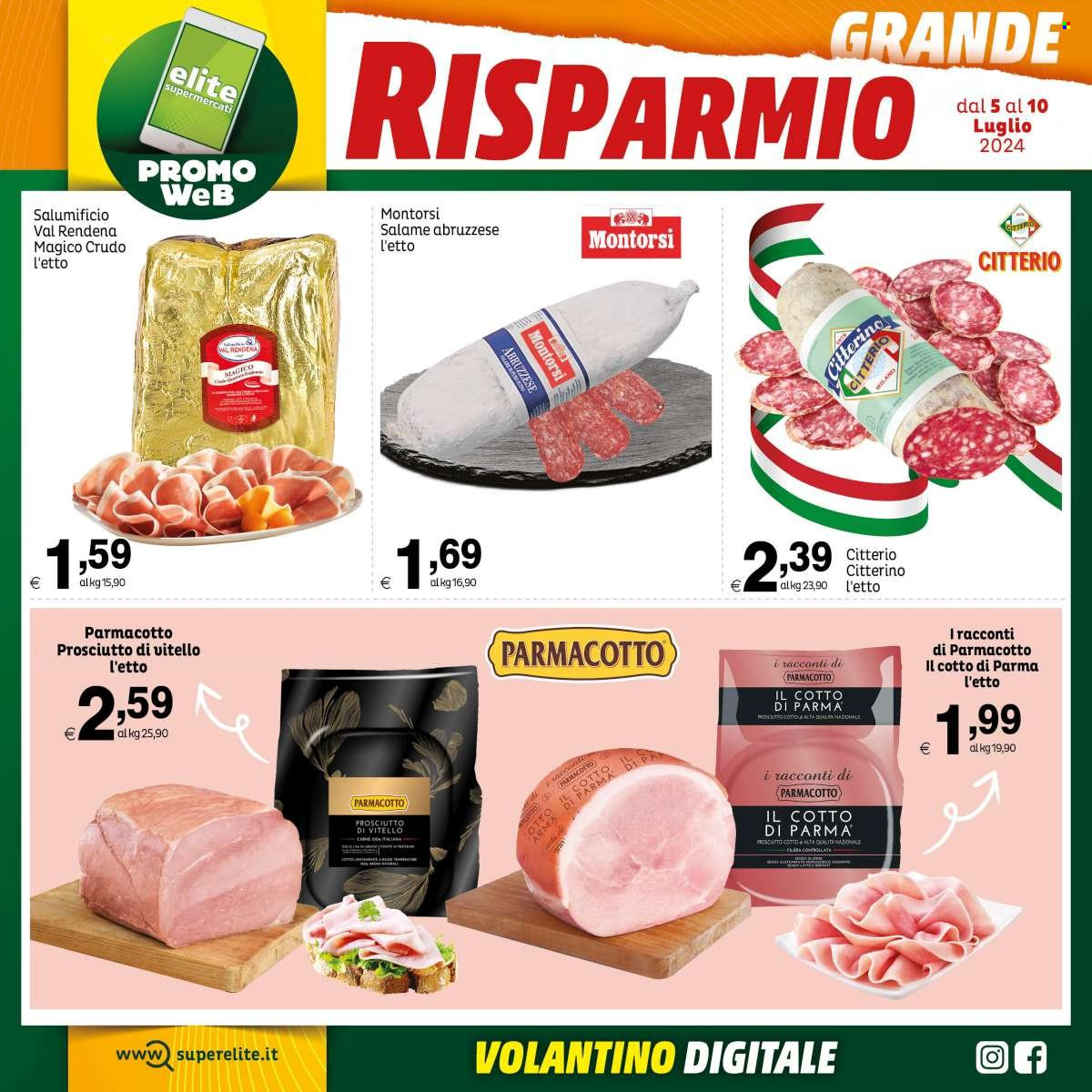 thumbnail - Volantino Elite Supermercati - 5/7/2024 - 10/7/2024 - Prodotti in offerta - vitello, prosciutto, salame, prosciutto cotto, Casa Montorsi. Pagina 6.