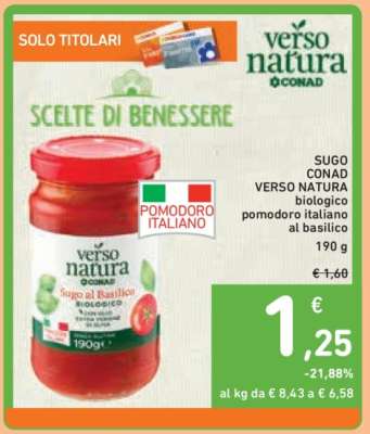 SUGO CONAD VERSO NATURA biologico pomodoro italiano al basilico