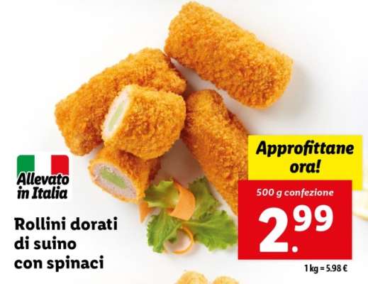 Rollini dorati di suino con spinaci