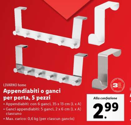 Appendiabiti o ganci per porta, 5 pezzi