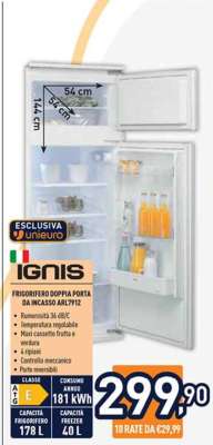 IGNIS FRIGORIFERO DOPPIA PORTA DA INCASSO ARL7912