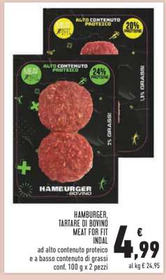 HAMBURGER, TARTARE DI BOVINO MEAT FOR FIT INDAL