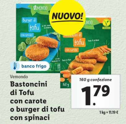 Vemondo Bastoncini di Tofu con carote o burger di tofu con spinaci