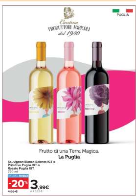 Sauvignon Bianco Salento IGT o Primitivo Puglia IGT o Rosato Puglia IGT