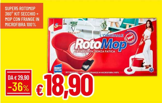 SUPER5 ROTOMOP 360° KIT SECCHIO + MOP CON FRANGE IN MICROFIBRA 100%