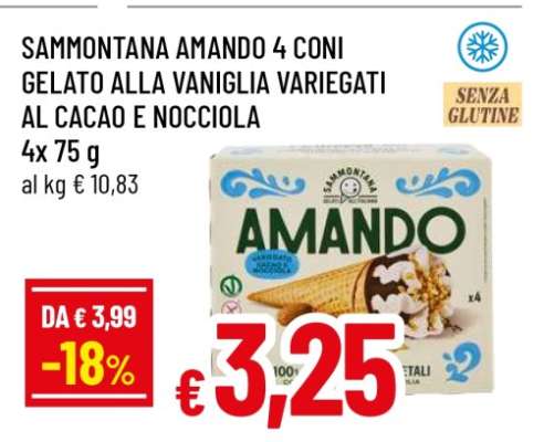 SAMMONTANA AMANDO 4 CONI GELATO ALLA VANIGLIA VARIEGATI AL CACAO E NOCCIOLA