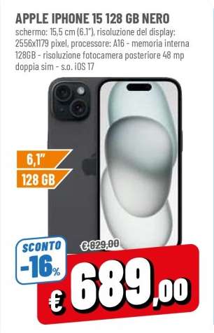APPLE IPHONE 15 128 GB NERO