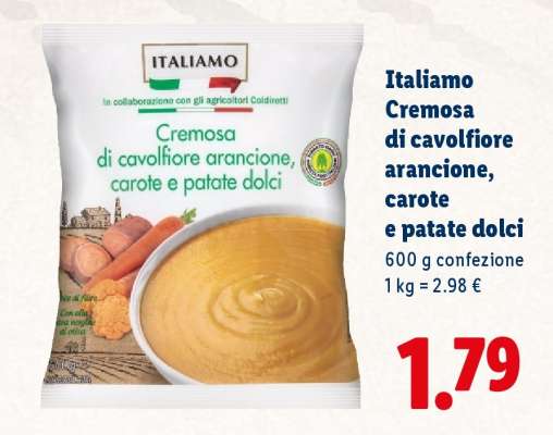 Italiano Cremosa di cavolfiore arancione, carote e patate dolci
