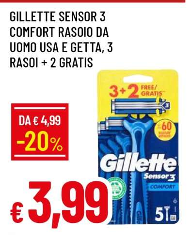GILLETTE SENSOR 3 COMFORT RASOIO DA UOMO USA E GETTA, 3 RASOI + 2 GRATIS