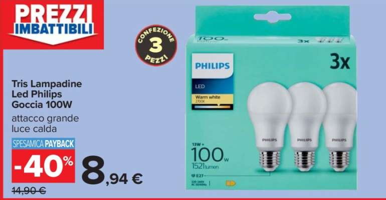 Tris Lampadine Led Philips Goccia 100W