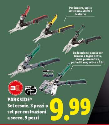 PARKSIDE Set cesoie, 3 pezzi o set per costruzioni a secco, 9 pezzi