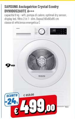 SAMSUNG Asciugatrice Crystal Ecodry DV90DG52A0TE A+++