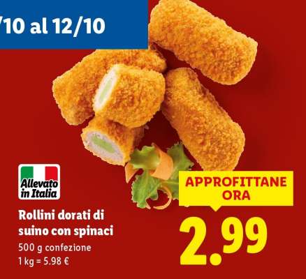 Rollini dorati di suino con spinaci