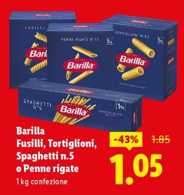 Barilla Fusilli, Tortiglioni, Spaghetti n.5 o Penne rigate