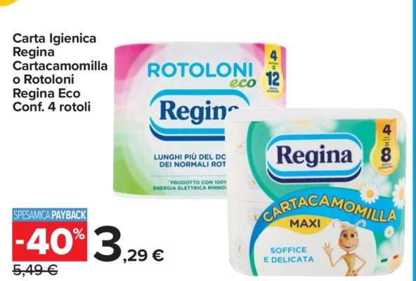 Carta Igienica Regina Cartacamomilla o Rotoloni Regina Eco Conf. 4 rotoli