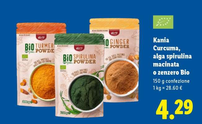 Kania Curcuma, alga spirulina macinata o zenzero Bio