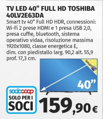 TV LED 40” FULL HD TOSHIBA 40LV2E63DA