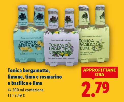 Tonica bergamotto, limone, timo e rosmarino o basilico e lime