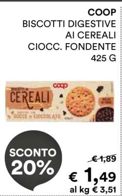 COOP BISCOTTI DIGESTIVE AI CEREALI CIOCC. FONDENTE 425 G