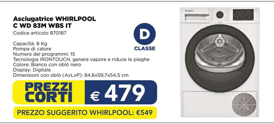 Asciugatrice WHIRLPOOL C WD 83M WBS IT