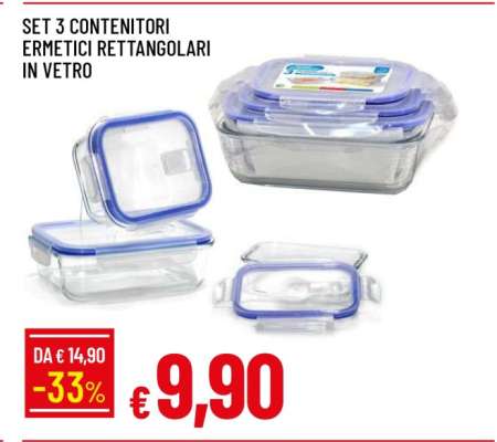 SET 3 CONTENITORI ERMETICI RETTANGOLARI IN VETRO