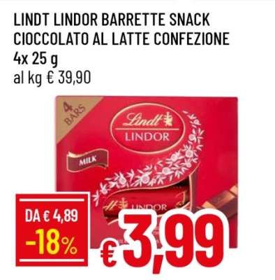 LINDT LINDOR BARRETTE SNACK CIOCCOLATO AL LATTE CONFEZIONE