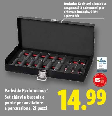 Parkside Performance® Set chiavi a bussola e punte per avvitatore a percussione, 21 pezzi