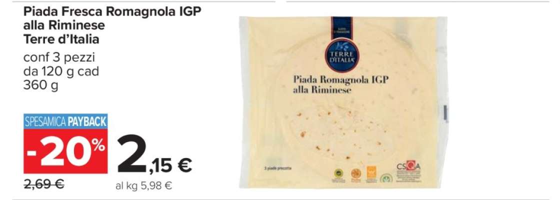 Piada Fresca Romagnola IGP alla Riminese Terre d’Italia