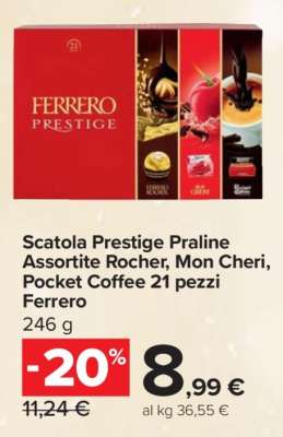 Scatola Prestige Praline Assortite Rocher, Mon Cheri, Pocket Coffee 21 pezzi Ferrero