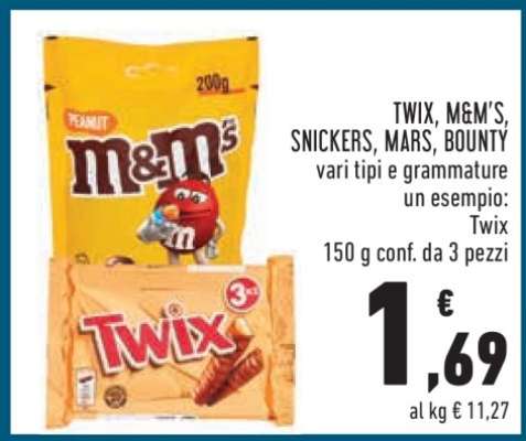 Twix, M&M's, Snickers, Mars, Bounty